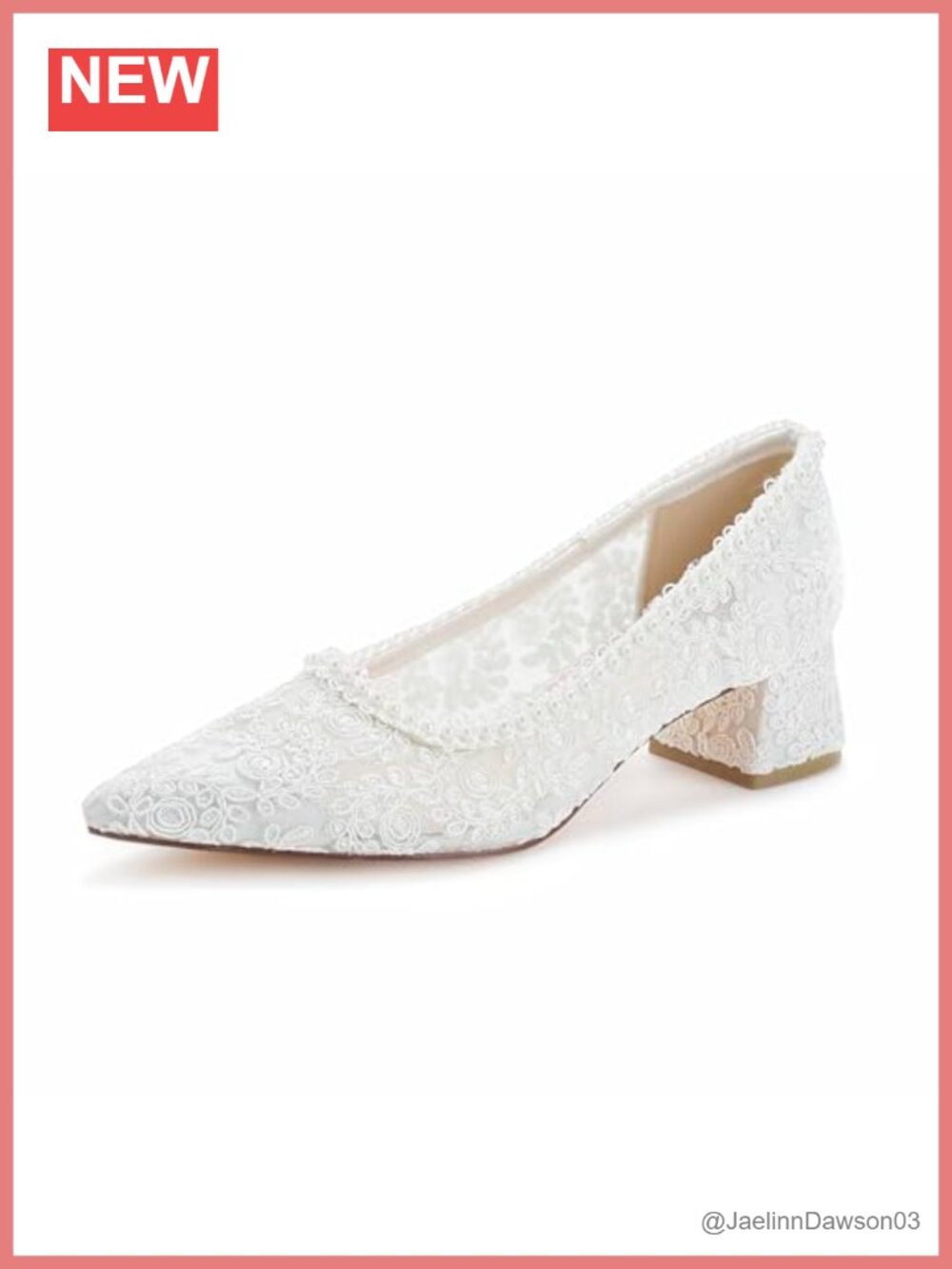 Bridal Satin Lace Pearl Trim Low Block Heel Pumps